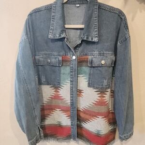 Denim Jacket with Southwestern Pattern